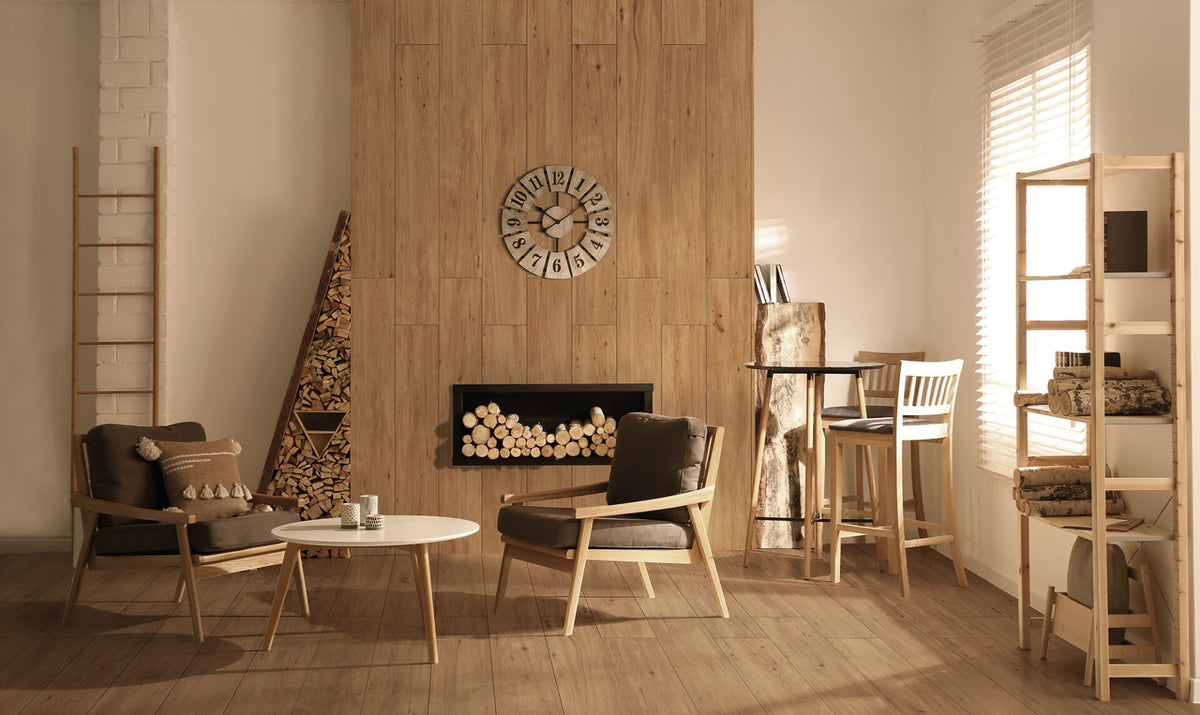 Decorative fireplace with stacked wood in cozy living room interior